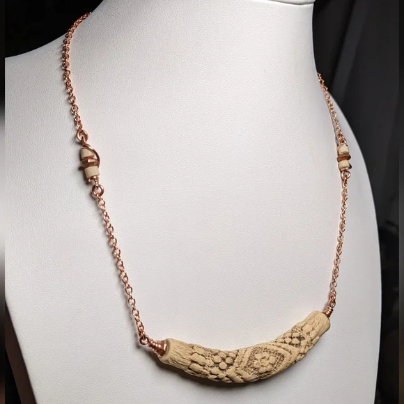 Vintage Embossed Ceramic Bar Necklace Artisan Crafted Jewelry Pure Copper Chain - Picture 11 of 16